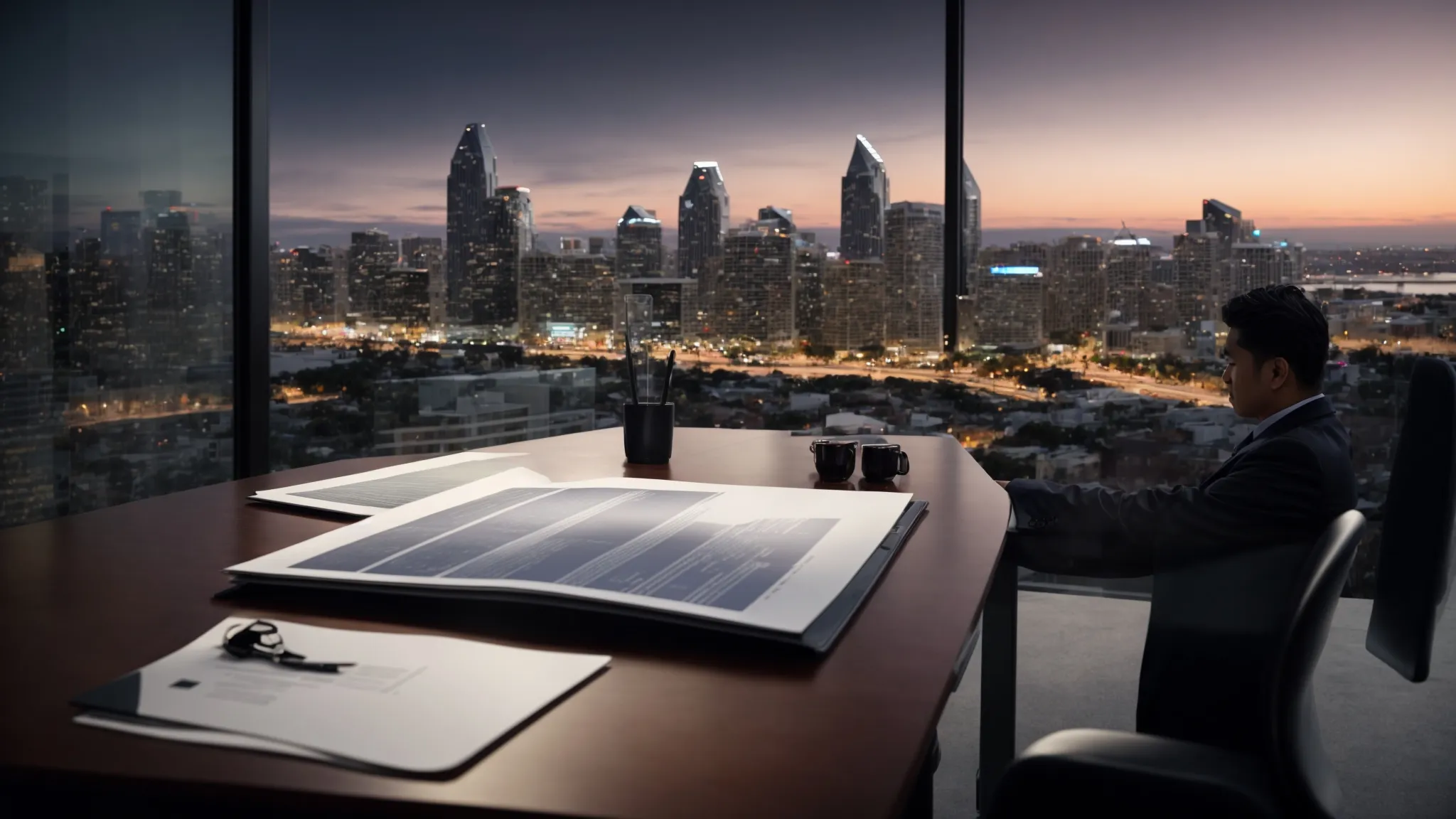 a local san diego business owner reviews a voluminous analytics report spread out on a modern, sleek office table, with the city's skyline glowing in the background.