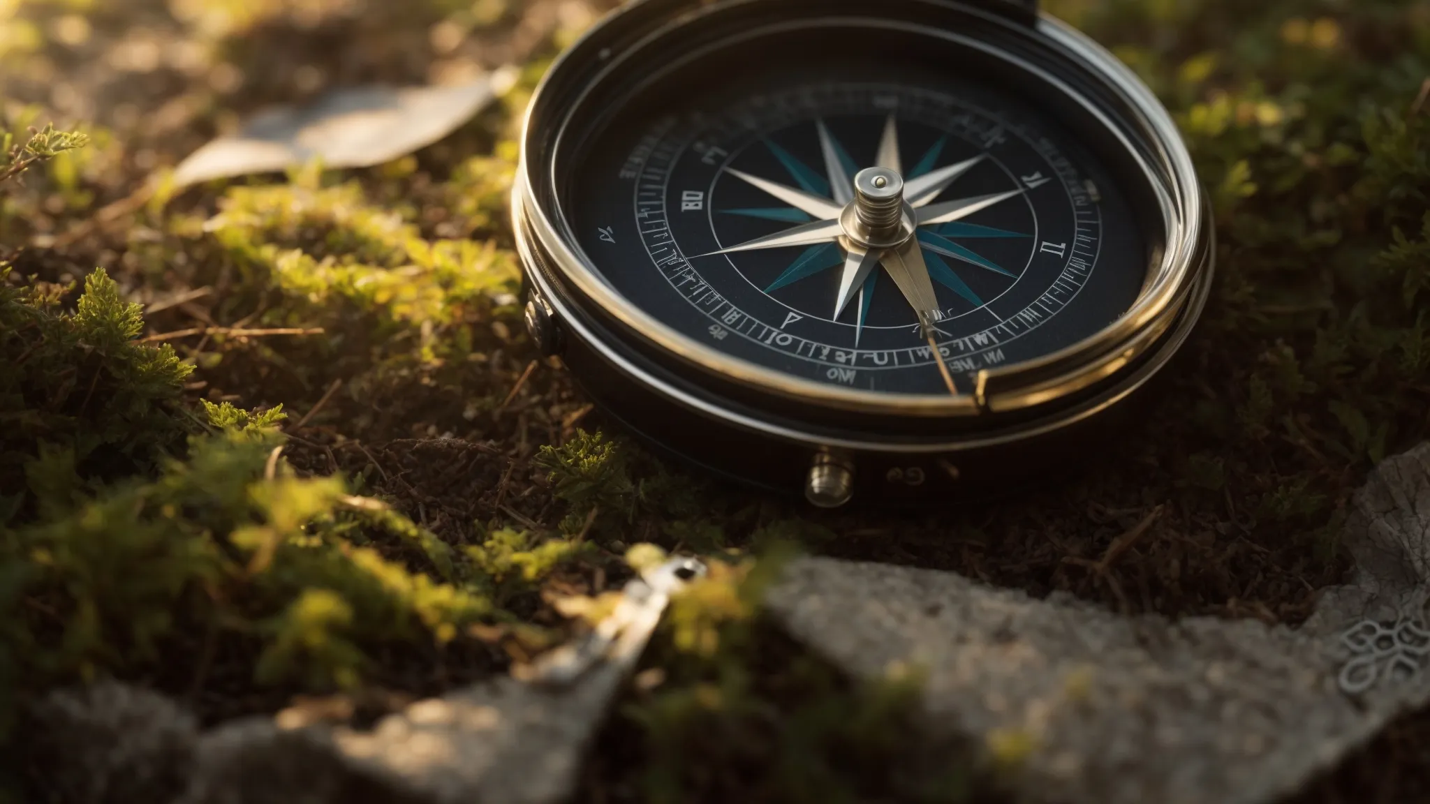 a compass resting on a detailed map, illuminating the path through a dense forest under soft sunlight.