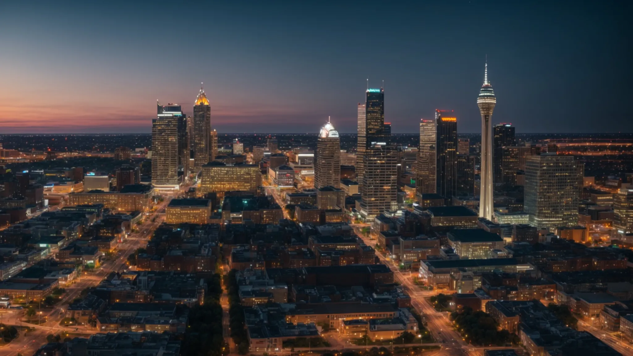 a panoramic view of indianapolis's skyline at dusk, illuminated by the lights of buildings, symbolizing the city's dynamic digital marketing landscape.