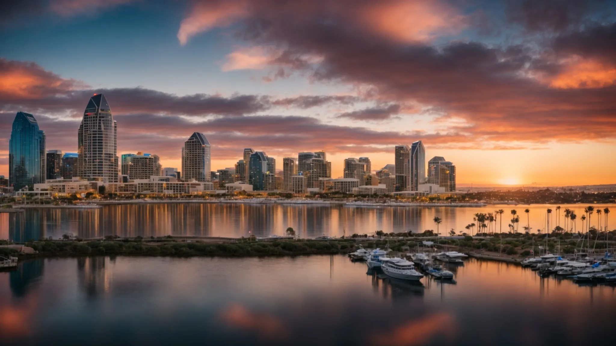 a panoramic view of san diego's skyline at sunset with diverse buildings symbolizing its leading industries, from tech to healthcare, under a vibrant sky.