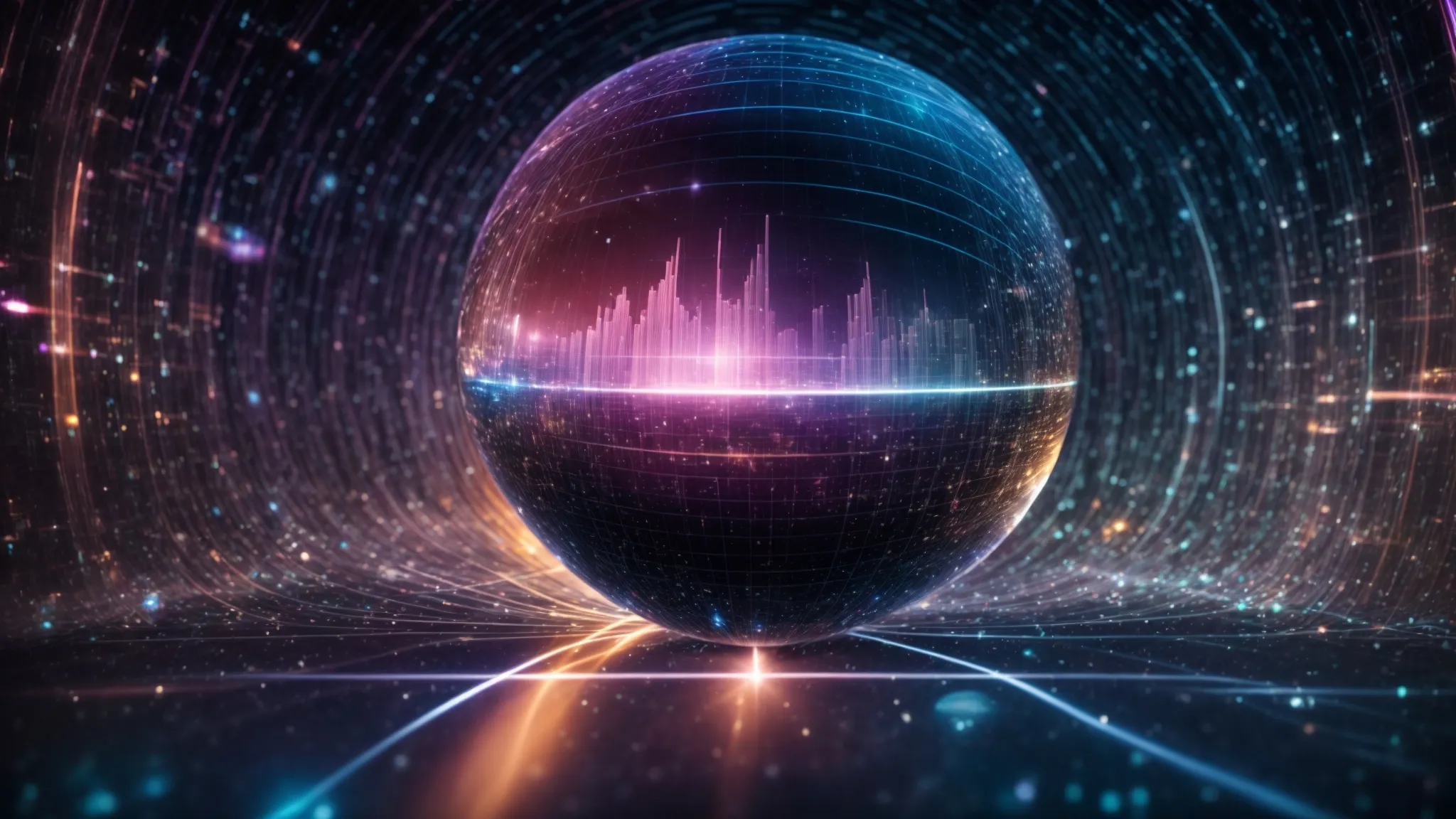 a crystal ball glows amidst a backdrop of digital data streams, symbolizing the predictive power of analytics in a virtual landscape.