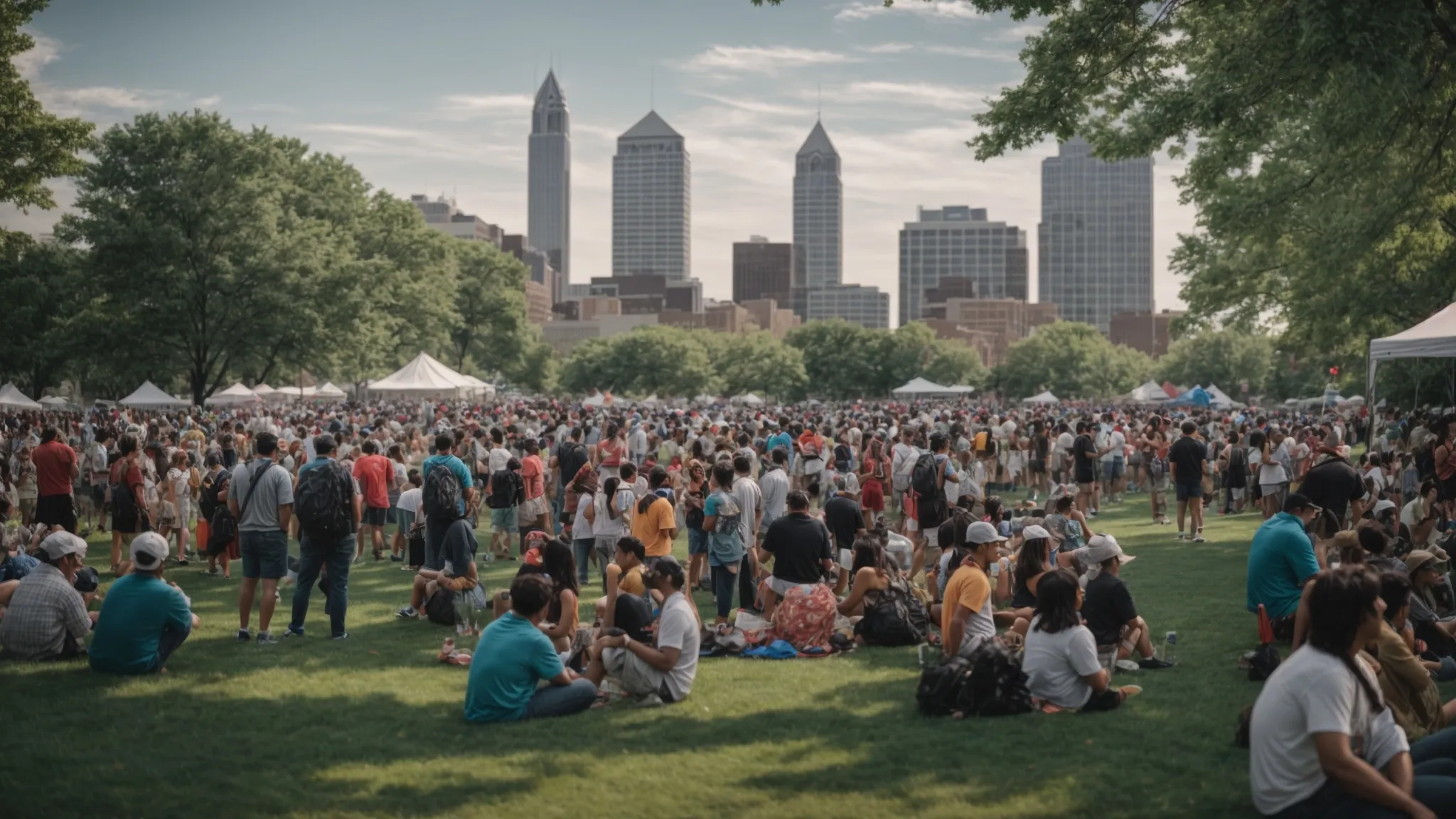 a vibrant crowd gathers in a downtown indianapolis park, with the cityscape towering in the background, during a popular local festival.