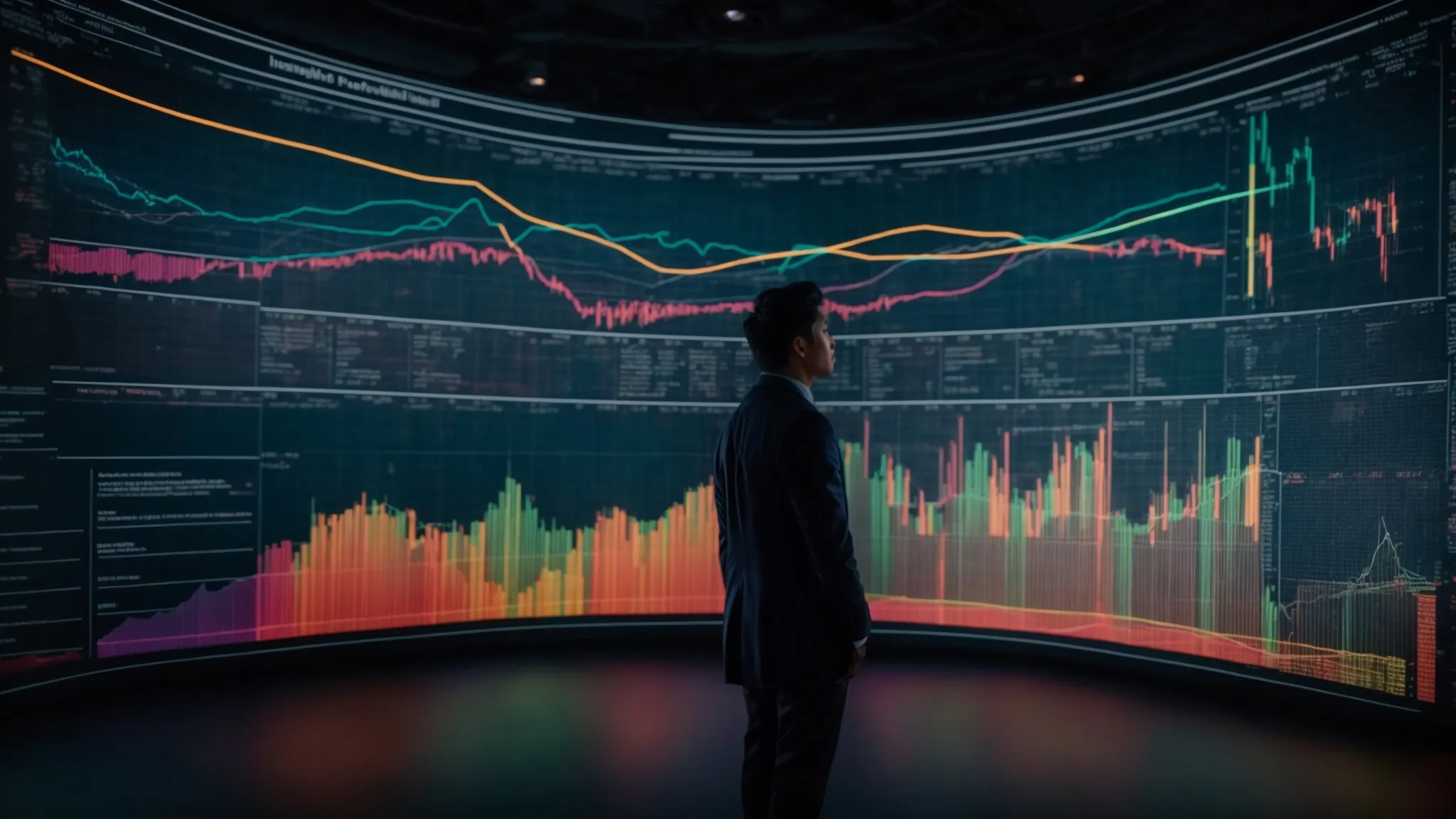 a person standing before a large screen displaying colorful charts and graphs, deeply focused on the analysis.