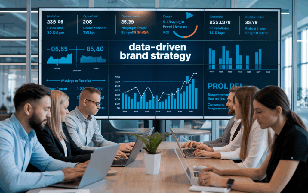 Team working on data-driven brand strategy presentation.