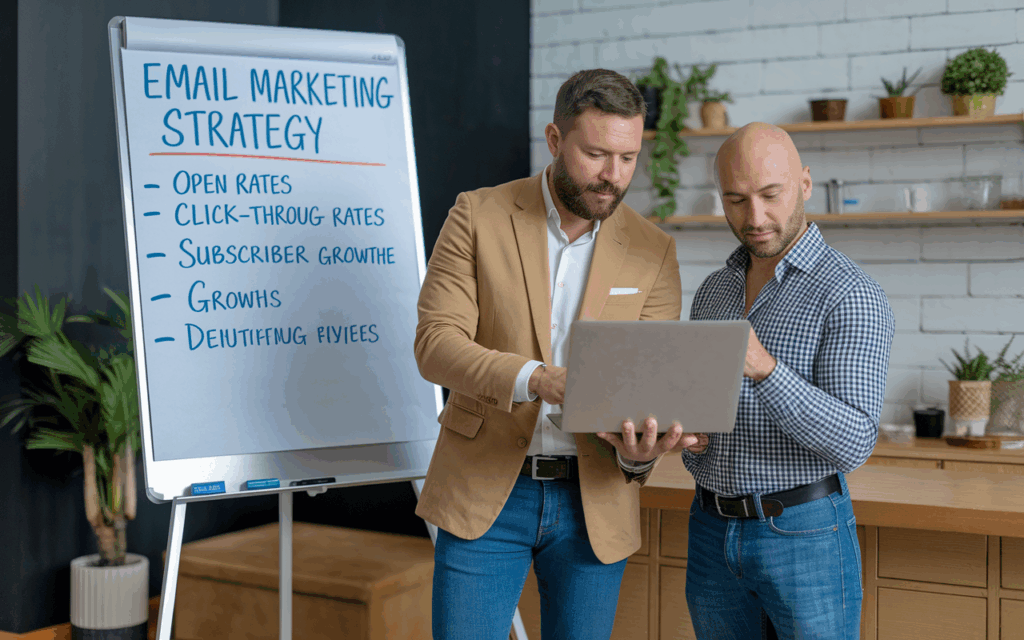 Two men discuss email marketing strategy on laptop.