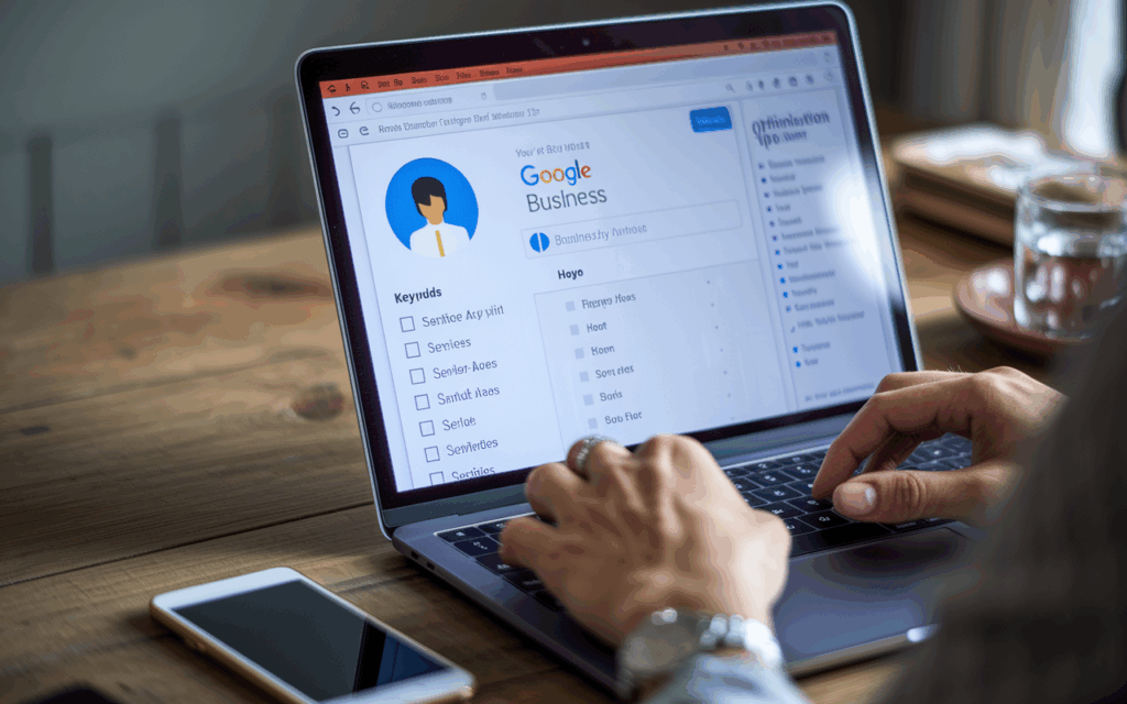 Person managing Google Business profile on laptop.