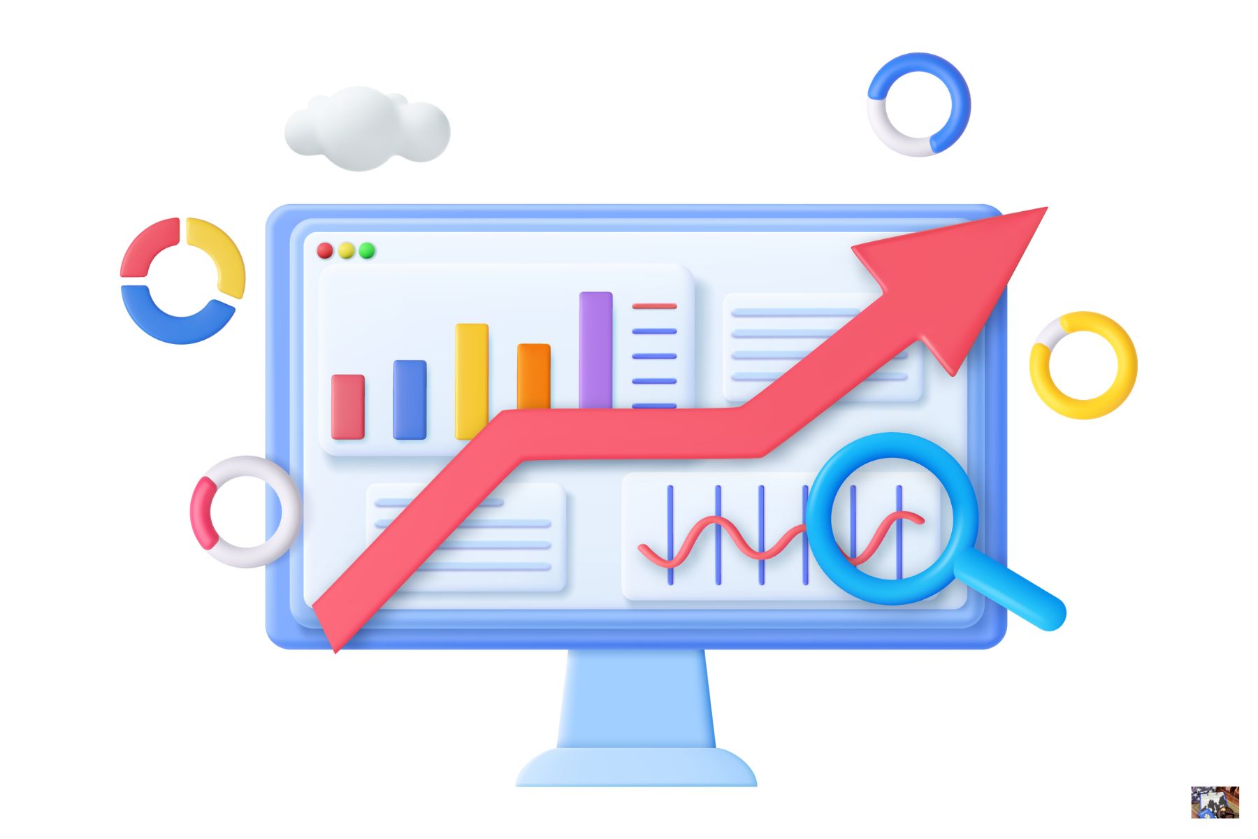 Digital graph with upward trend arrows and charts.