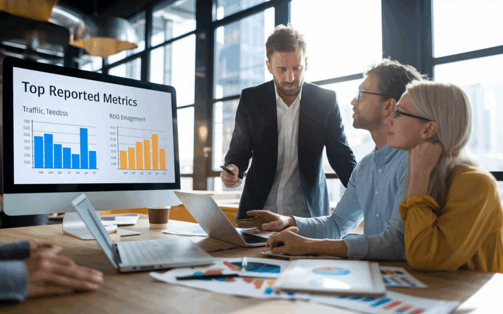 Group discussing metrics on computer screen