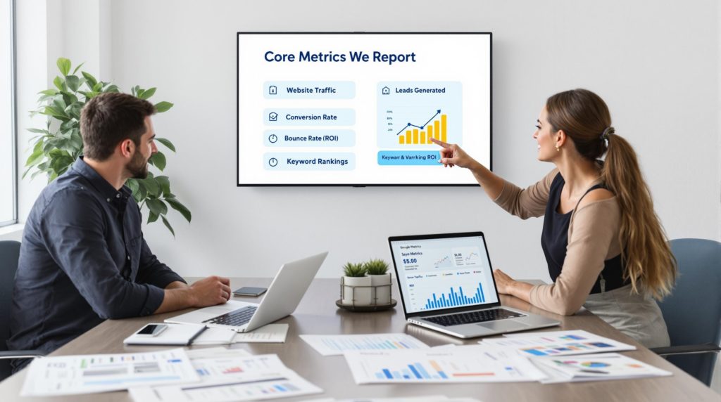 Team analyzing core metrics on screen graph.