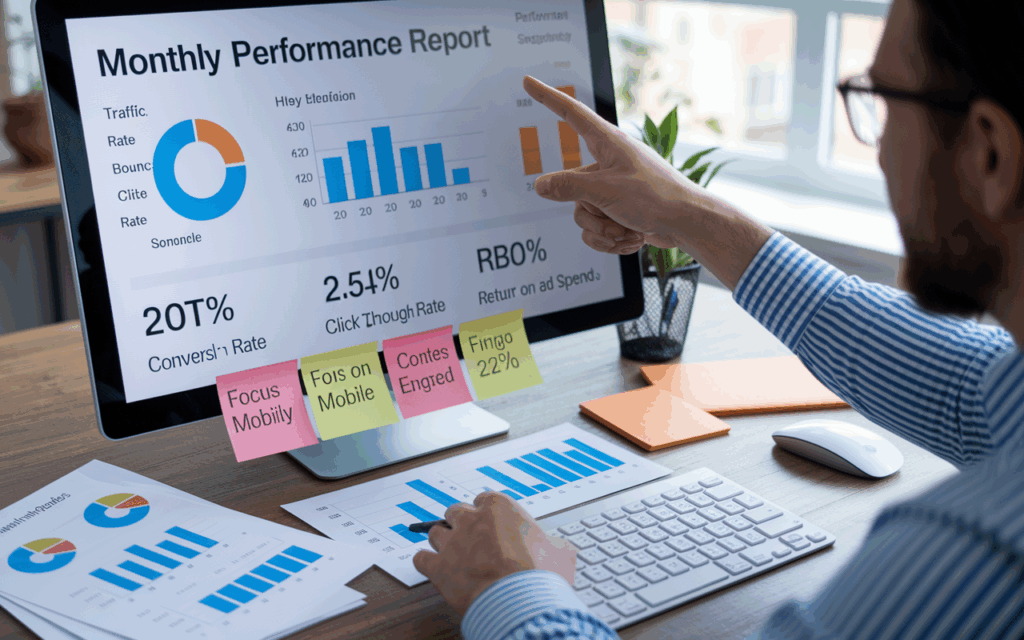 Person analyzing monthly performance report on computer screen.