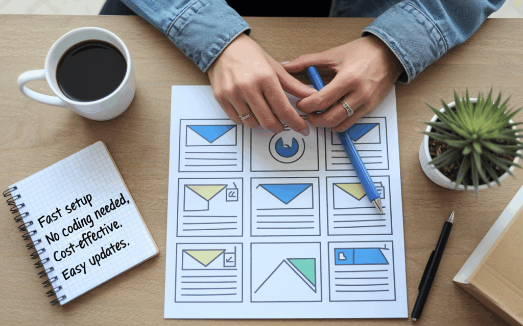 Planning website setup with notes and drawings.