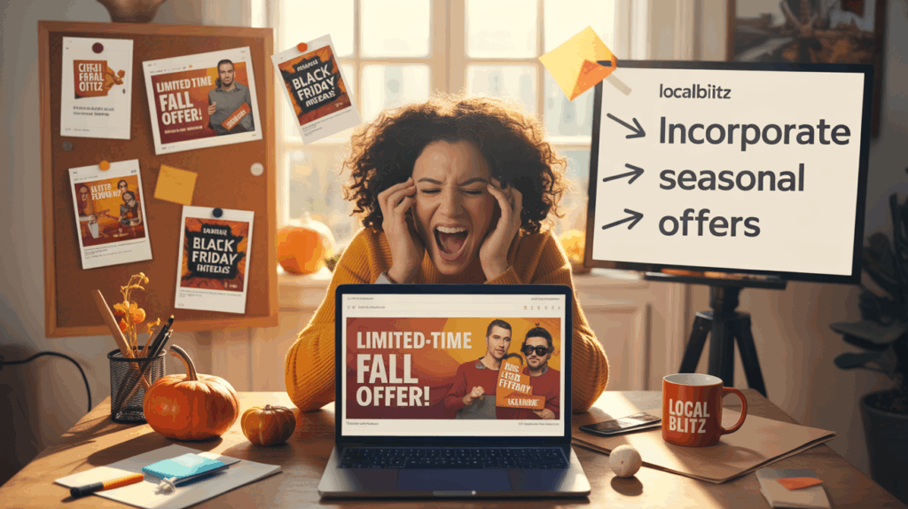 Stressed woman with fall sale offers on laptop.