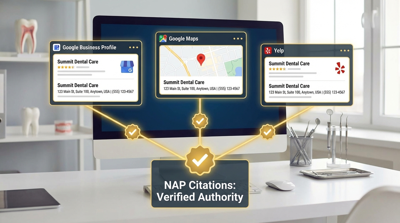 NAP Citations build dental authority across Google Maps, Yelp & directory listings.