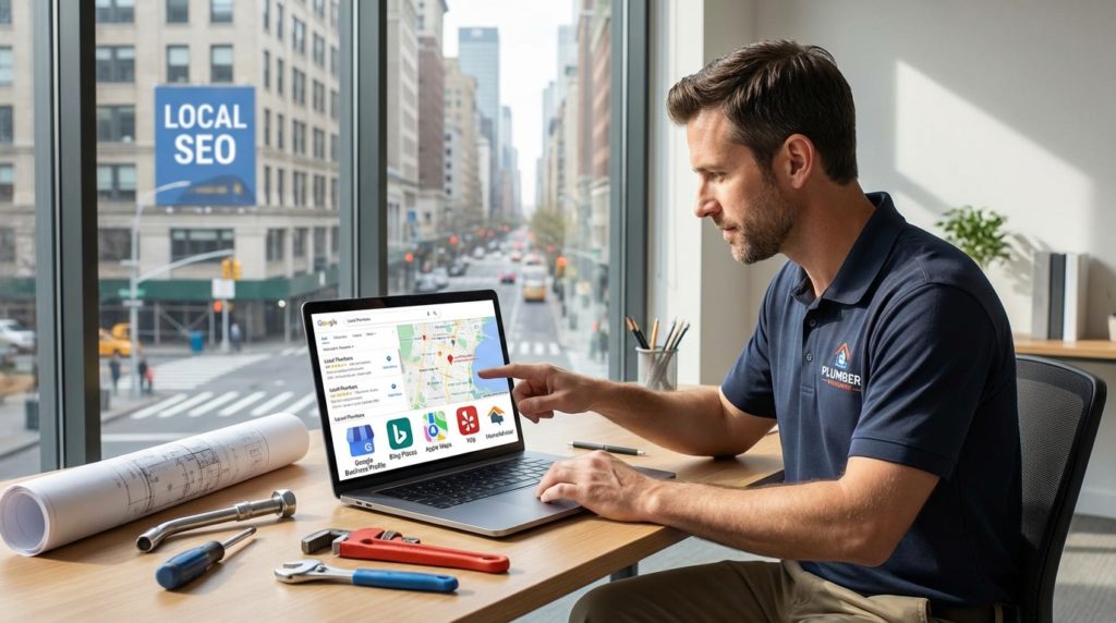 Plumbers local SEO: Google Business Profile, Bing Places, Apple Maps & Yelp visibility.