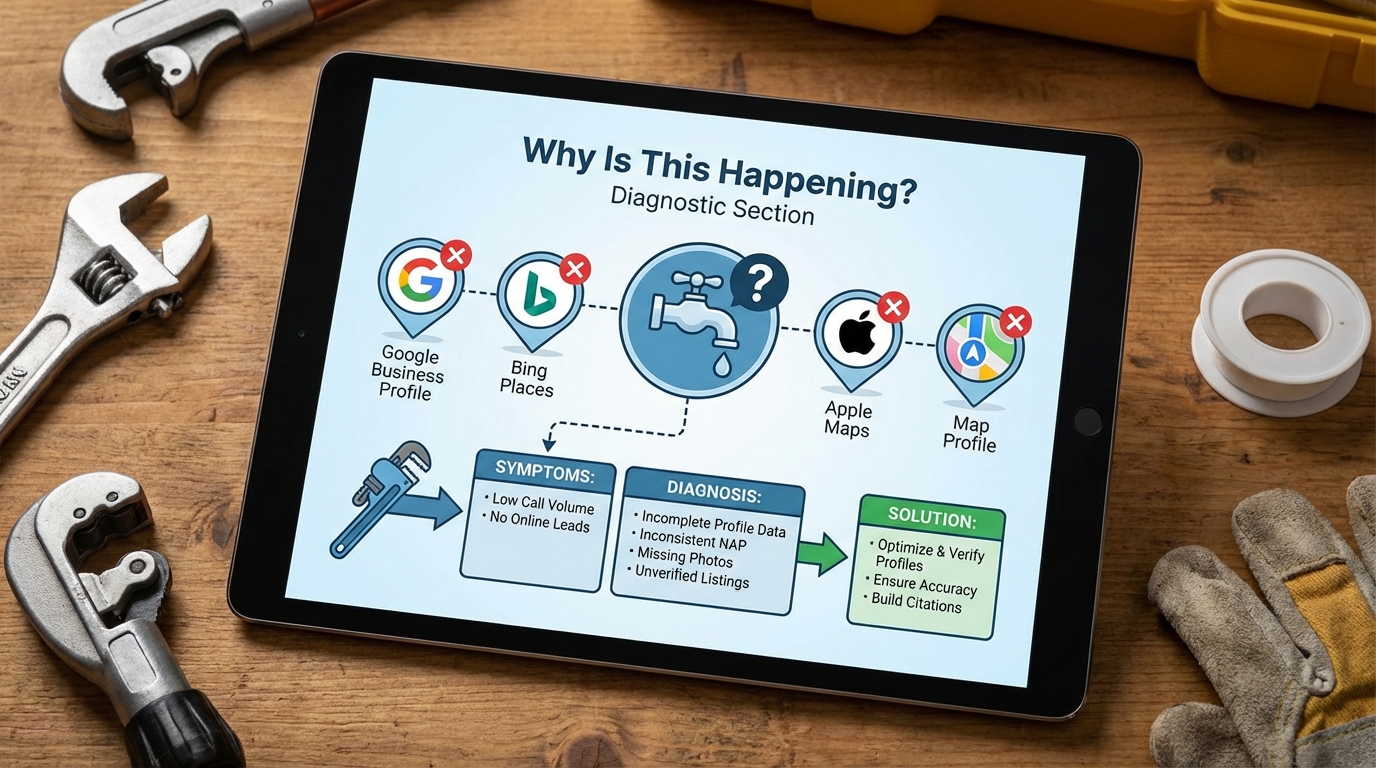 Troubleshooting Google Business Profile, Bing Places, Apple Maps listings. Diagnostic section.