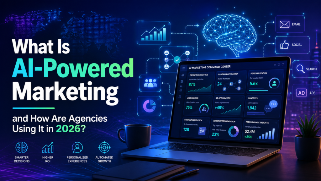 AI-powered marketing technology illustration on laptop screen.