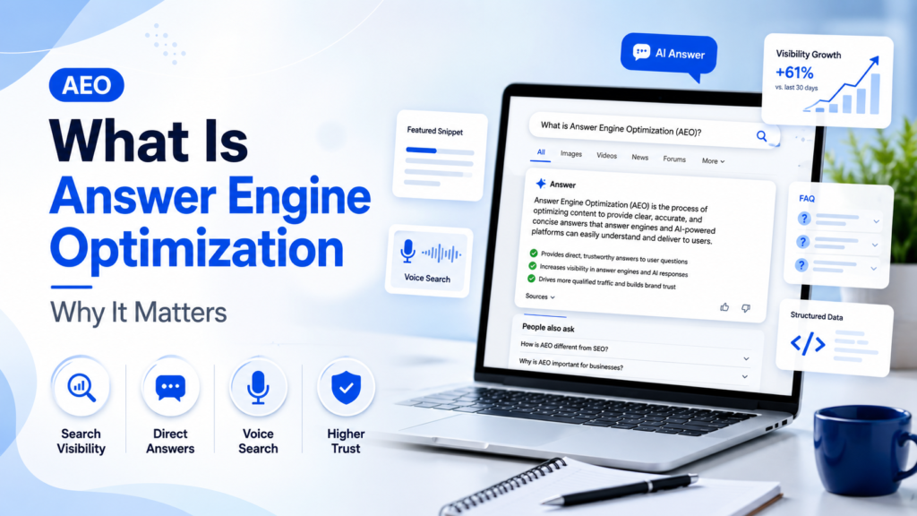 Laptop displaying Answer Engine Optimization content and benefits.