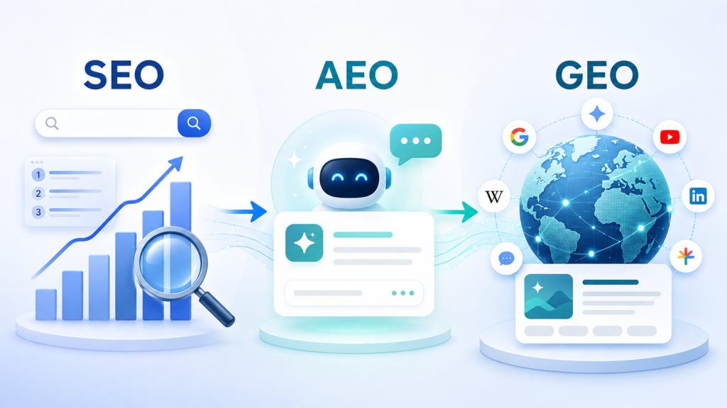 SEO, AEO, GEO concept illustration with icons.