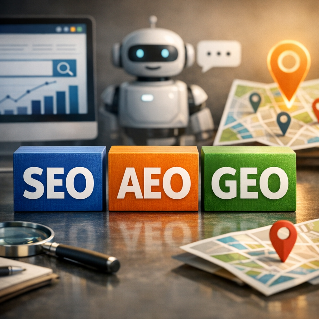 Professional illustration of What's the Difference Between SEO, AEO, and GEO and Why All Three Matter Now