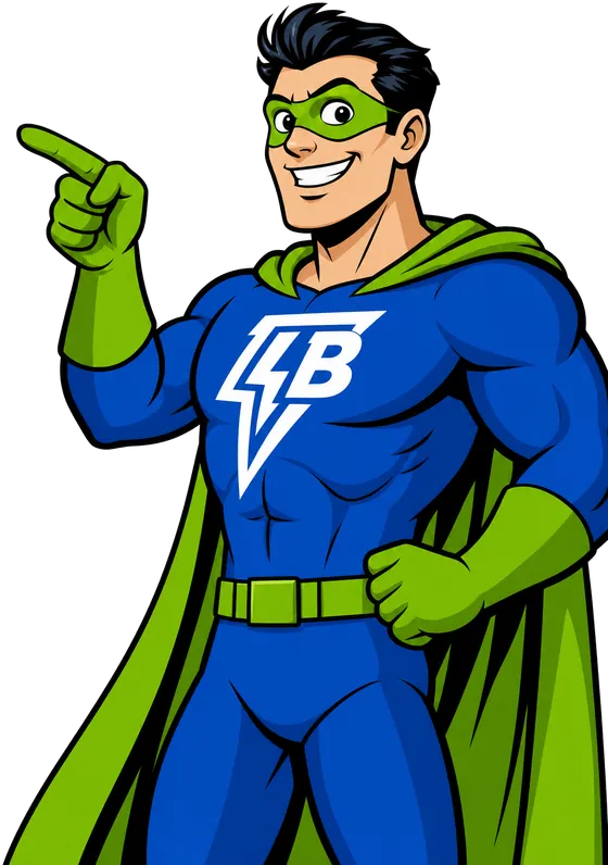 The Local Blitz superhero pointing at an AI chat answer