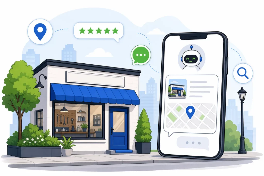 Local business storefront next to a smartphone where an AI assistant like ChatGPT recommends it with a Google Maps-style pin, five-star reviews and a search icon