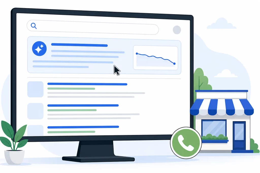 Google search results page with an AI Overview summary at the top and a dipping click trend line beside a local business storefront