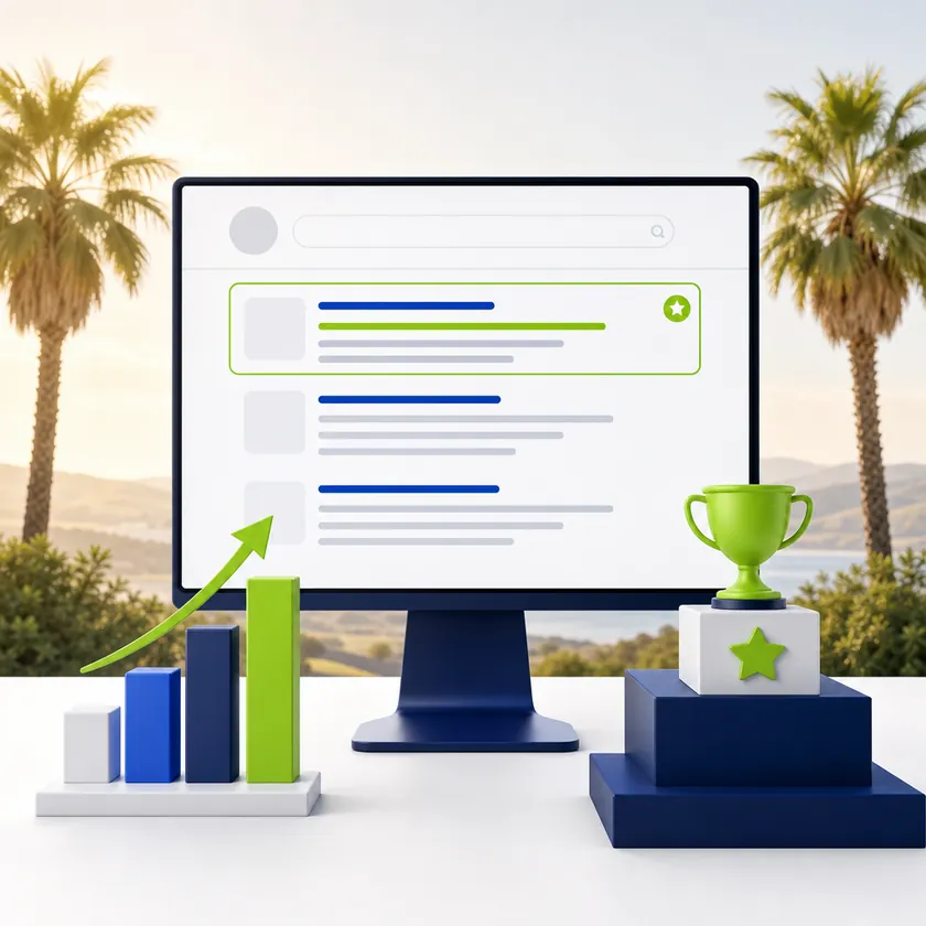 El Cajon SEO company illustration with a top-ranked Google search result on a monitor, ranking chart and trophy