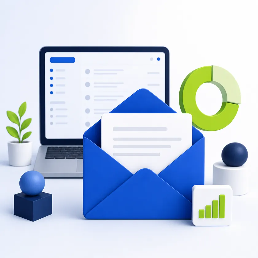 Email marketing agency illustration with an open email envelope, laptop inbox and open-rate chart