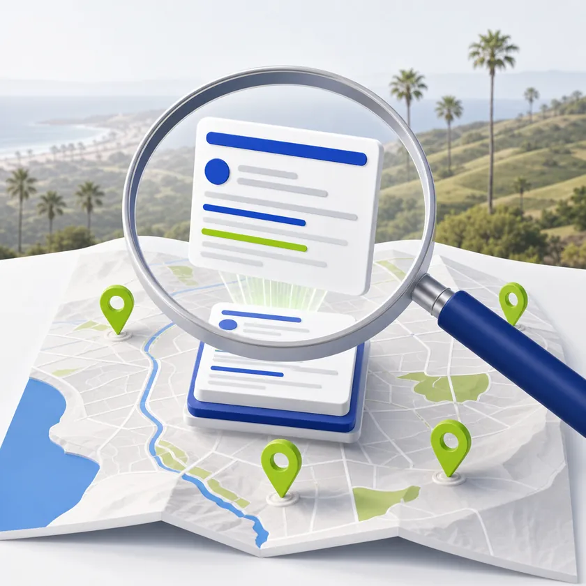 Escondido SEO company illustration with a magnifying glass over a top search result and local map pins