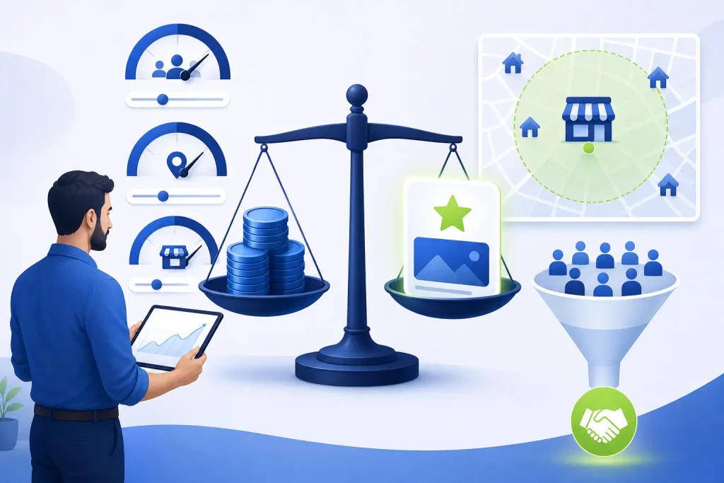 Illustration of the Meta ad auction weighing bid against ad quality, with audience and location radius dials and a funnel to cost per customer