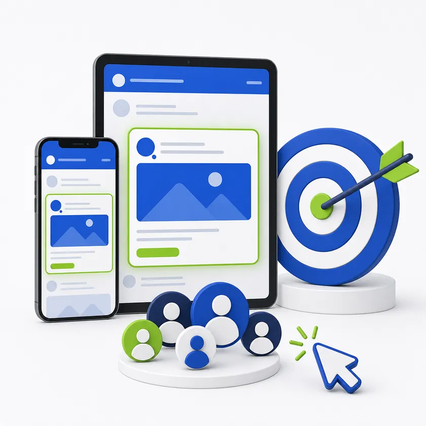 Facebook ads management illustration with sponsored posts on a phone and tablet, audience targeting and a bullseye