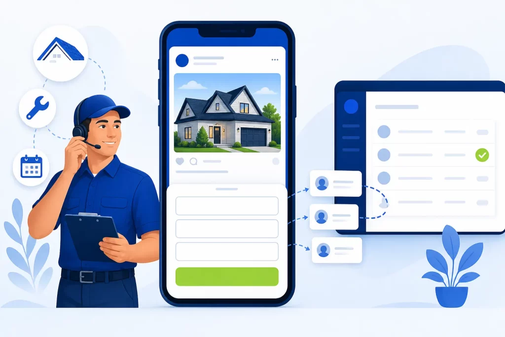Illustration of a Facebook lead ad instant form on a smartphone sending service business leads into a CRM, with a technician ready to call