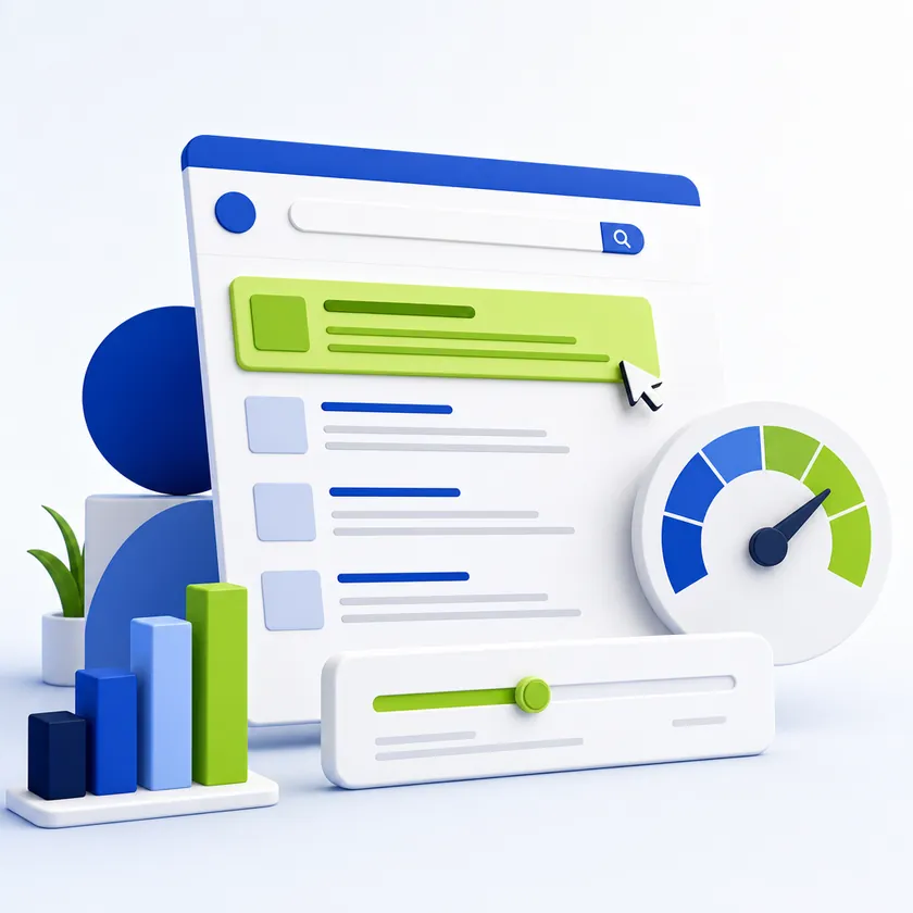 Google Ads management illustration with a sponsored search result, bid gauge, budget slider and conversion chart