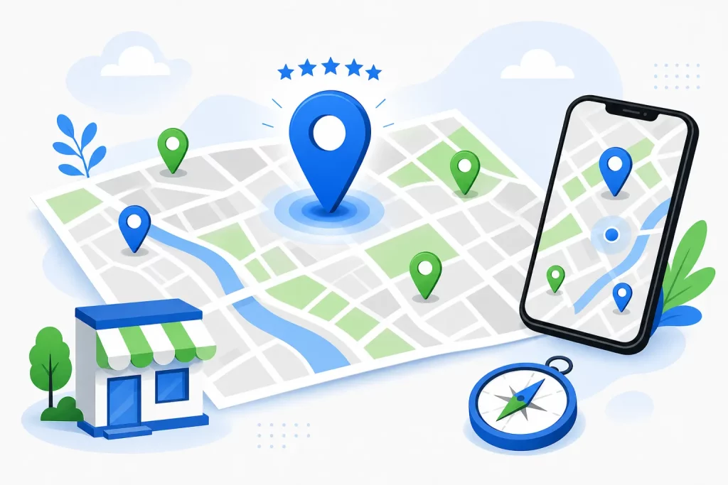 Google Maps style city map with a top-ranked business pin and five stars, illustrating Google Maps and map pack ranking factors