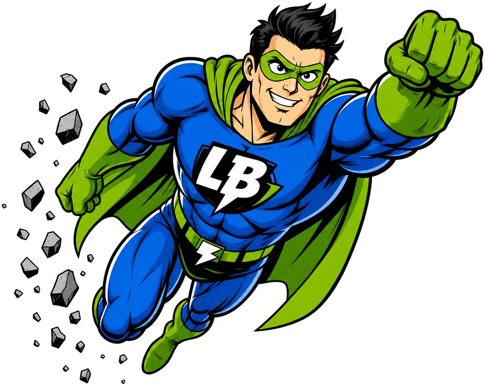 The Local Blitz superhero mascot in a blue suit and green cape flying fist-first through broken concrete