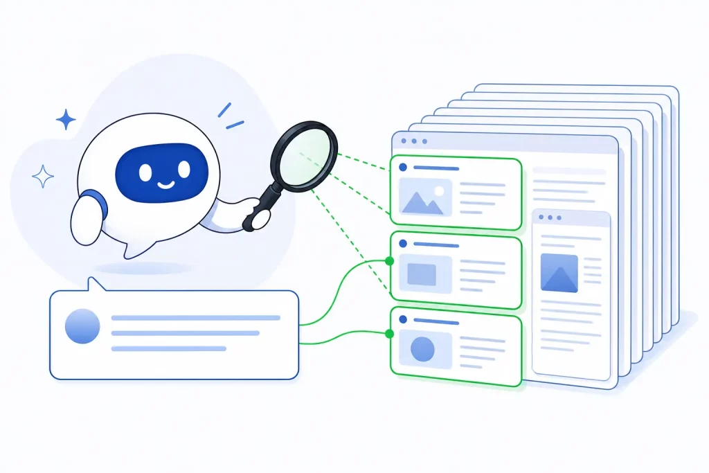 AI search assistant with a magnifying glass selecting a few web page sources from a stack to cite in its answer