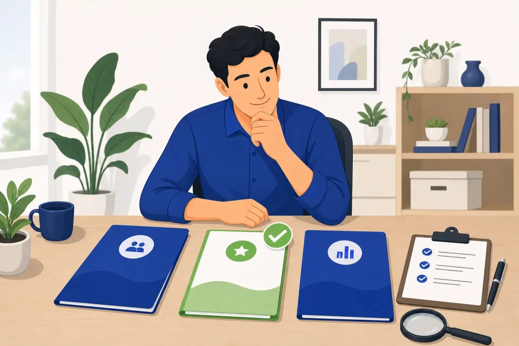 Business owner comparing three digital marketing agency proposals with a checklist, choosing the right marketing agency