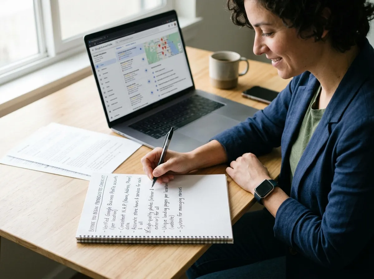 Prerequisites checklist to optimize a multi-location Google Business Profile for local SEO.