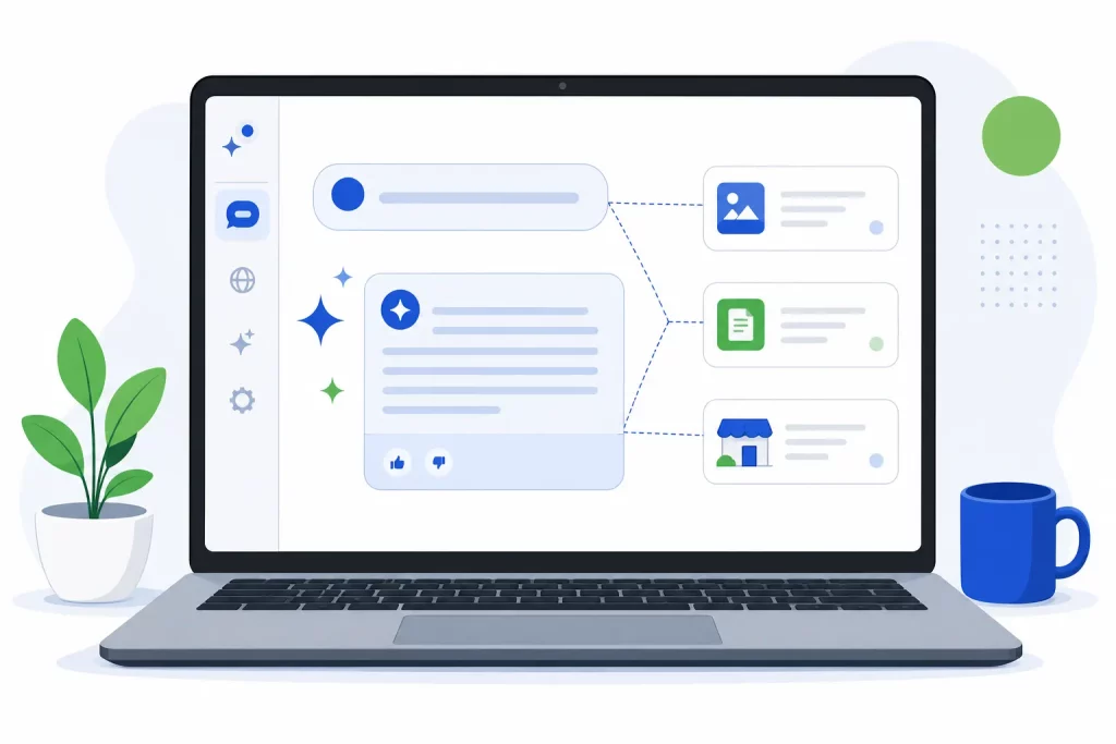 Laptop showing a Google AI Mode style conversational answer with linked source cards, including a local business, for ranking in AI Mode