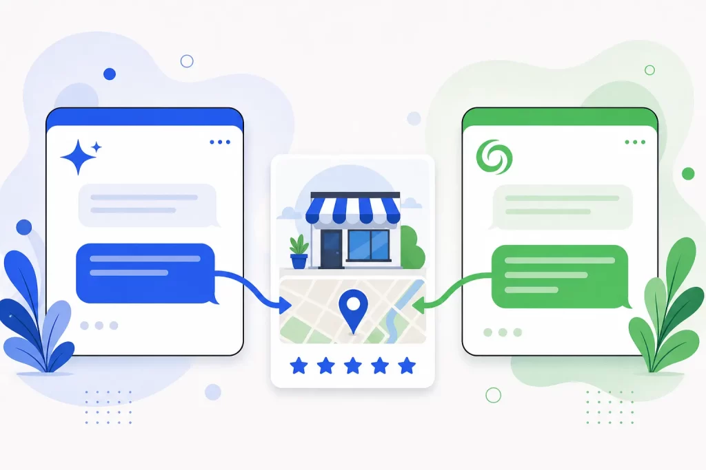 Google Gemini and Microsoft Copilot style chat windows both recommending the same local business with a map pin and five-star rating