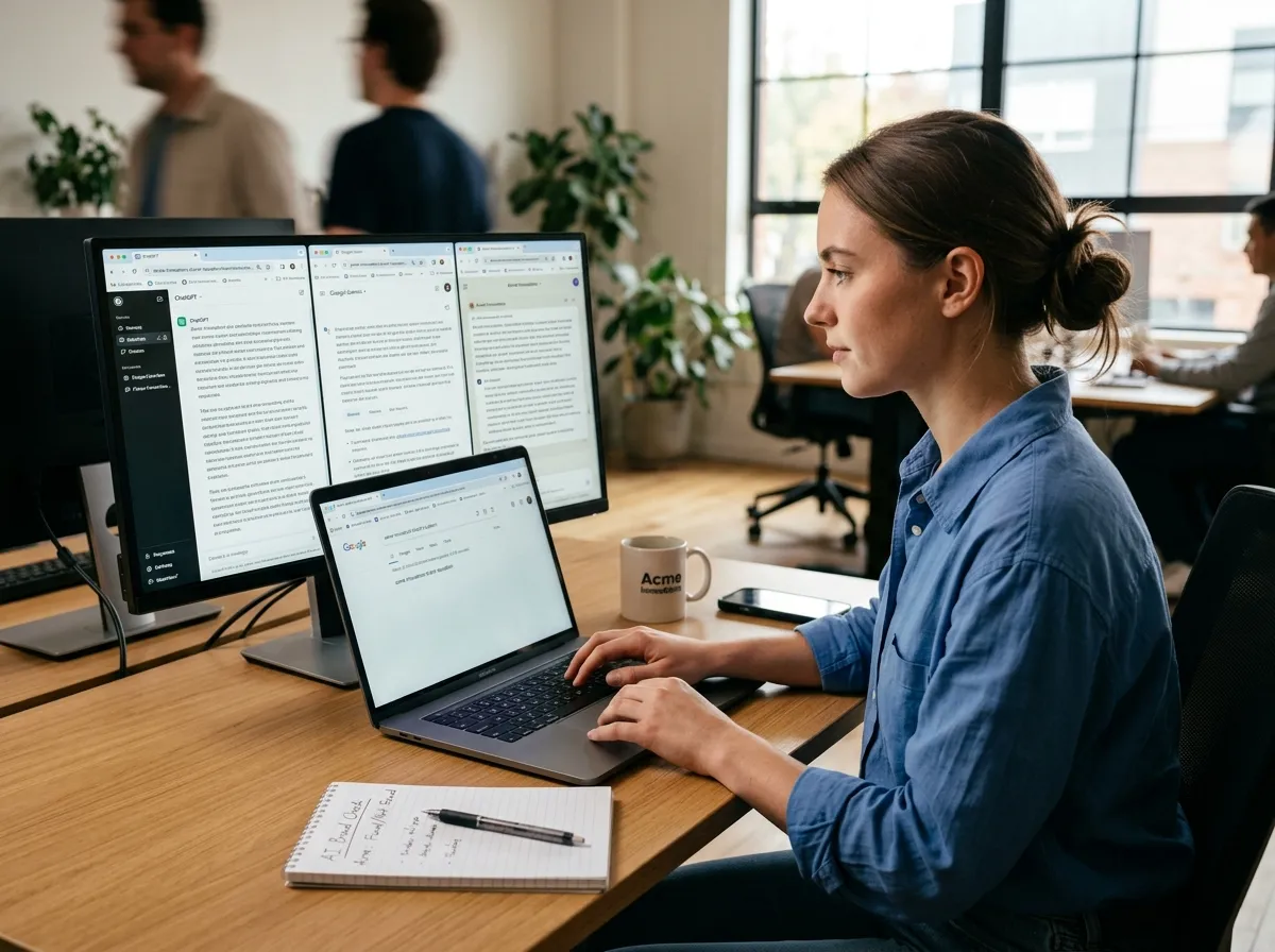 User manually testing brand search queries and prompts across ChatGPT, Gemini, and AI platforms on screen.