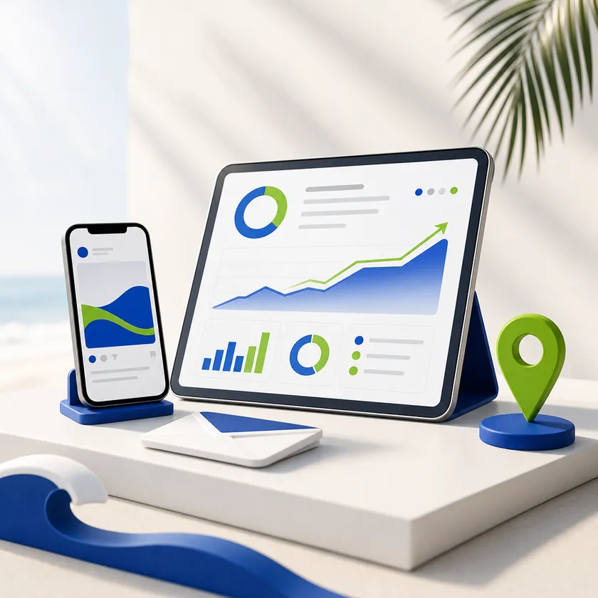 Encinitas internet marketing agency illustration with a growth analytics tablet, social media phone, email and a local map pin