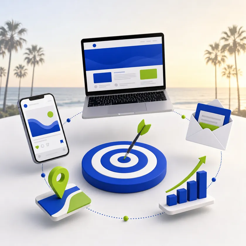 San Diego internet marketing agency illustration with web design, social media, email marketing and local SEO around a targeting bullseye