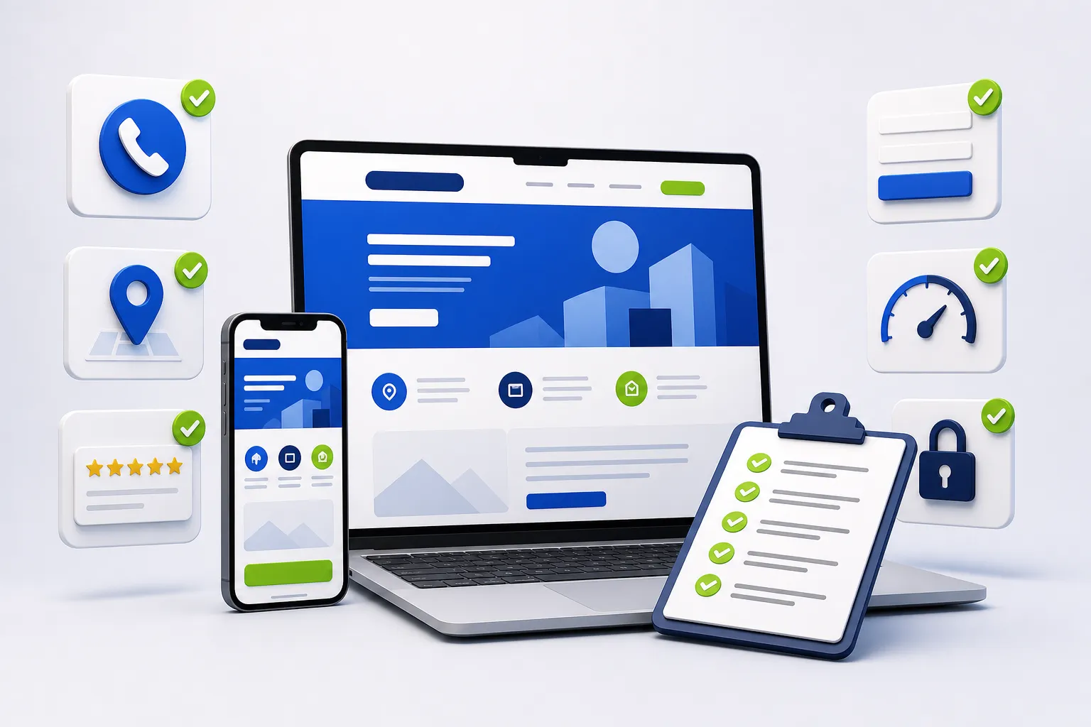 Local business website checklist illustration with a laptop and phone site surrounded by click-to-call, map pin, reviews, contact form, speed and security features