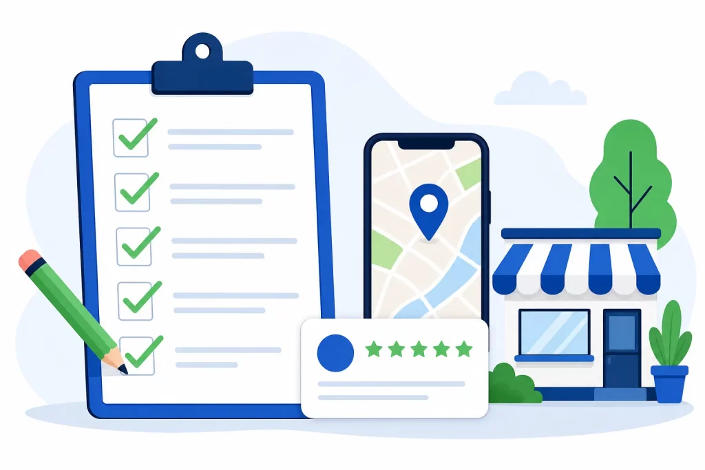 Local SEO checklist clipboard with checked items next to a phone map pin, five-star review card and local storefront