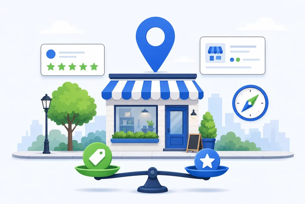 Local business storefront with a map pin, reviews and directory listings next to a balance scale weighing local SEO cost against value