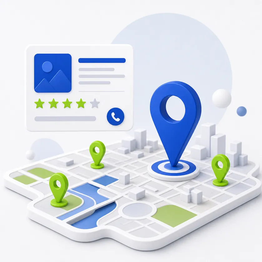 Local SEO services illustration with Google Maps pins and a Google Business Profile card with star reviews