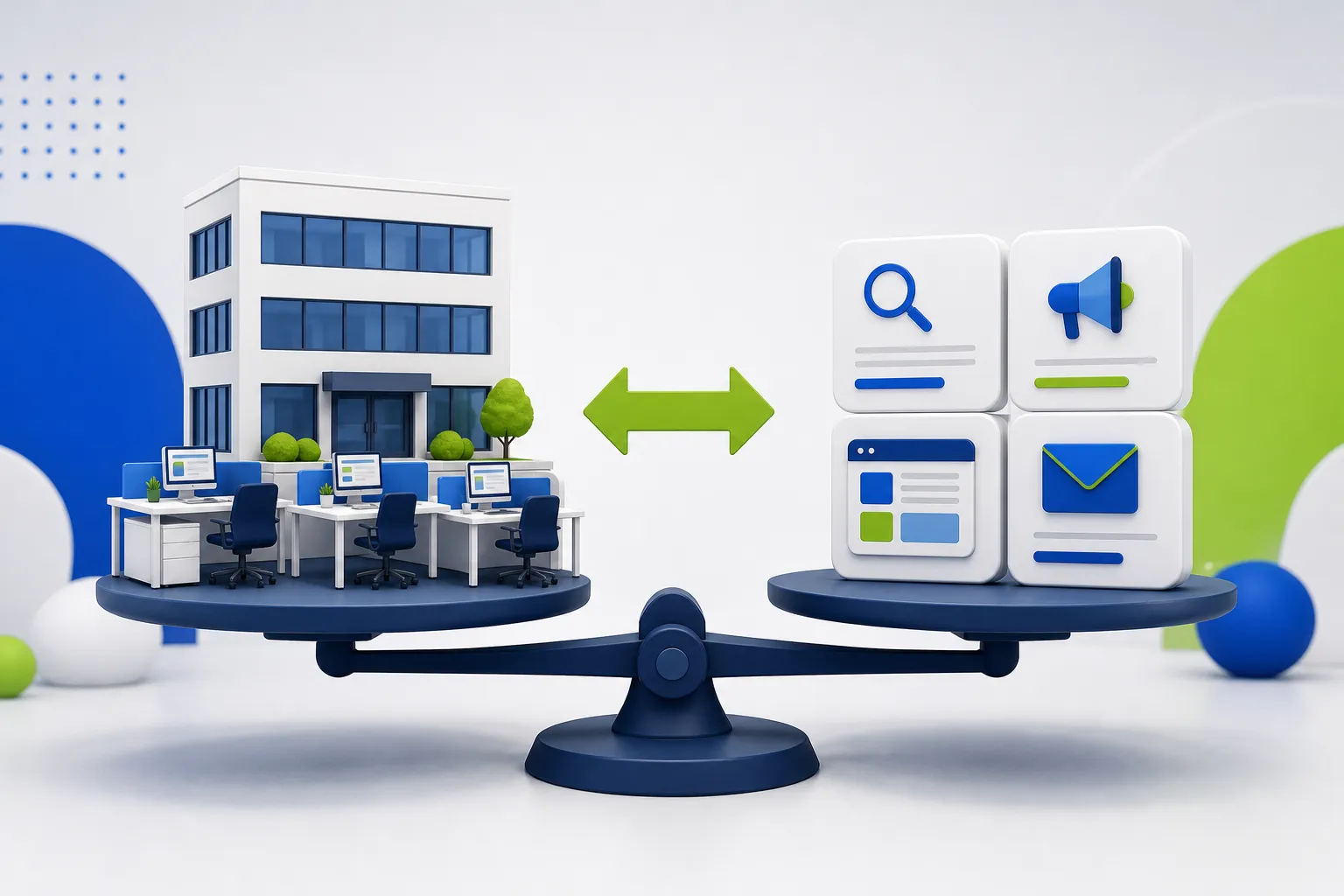 Marketing agency vs in-house team illustration with a balance scale weighing an in-house office against agency SEO, ads, website and email services
