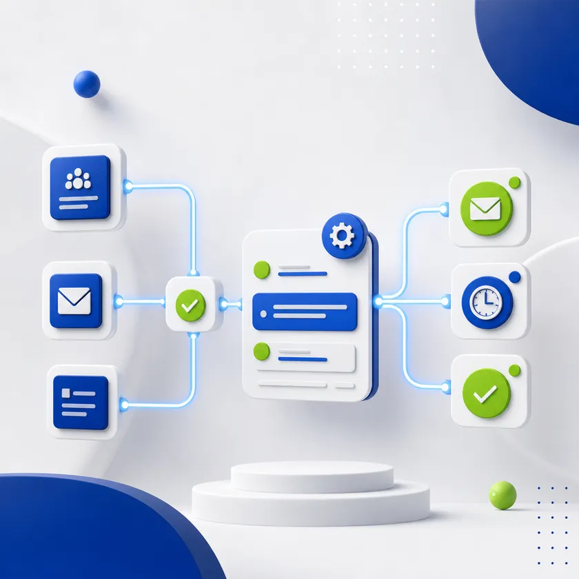 Marketing automation illustration with connected workflow nodes for email triggers, scheduling and lead nurturing