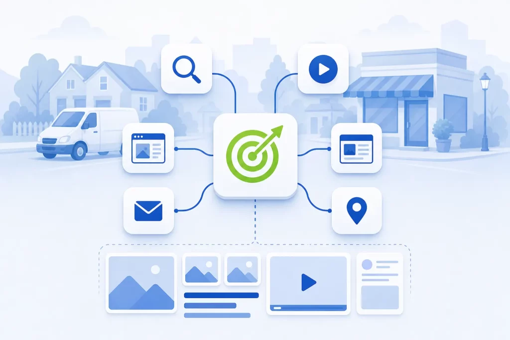 Illustration of a Google Performance Max campaign hub linked to Search, YouTube, Display, Discover, Gmail and Maps, with an asset group below
